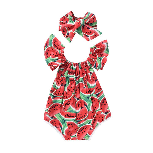 Newborn Baby Girls Clothes Watermelon print short sleeve round neck Bodysuit Bowknot Headband 2pc cotton casual summer set