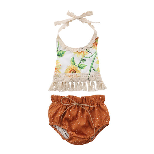 Newborn Kids Sunflower Set Baby Girls Flower Tassel Tops Shorts Outfits Sunsuit