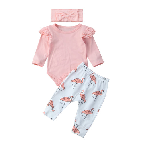 Cute Infant Baby Boys Romper Flying Sleeve Tops + Long Pants Flamingo Headband 3PCS Clothes Set Cute Outfits