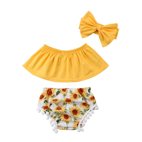 Summer Toddler Baby Girls Clothes Sets Off Shoulder Tops Shorts Flower Headband 3pcs Casual Cotton Girl 0-24M