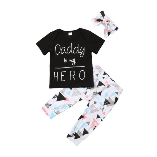 Newest 3pcs Kid Infant Baby Boy clothing Short Sleeve letter Tops T-shirt+Leggings Pants+headband Outfit Clothes set